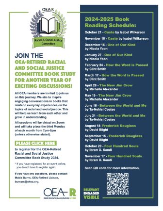 Image: 2024-2025 OEAR Racial-Social Justice Book club flyer