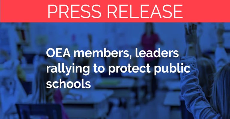 image: press release - OEA members, leaders rallying to protect public schools